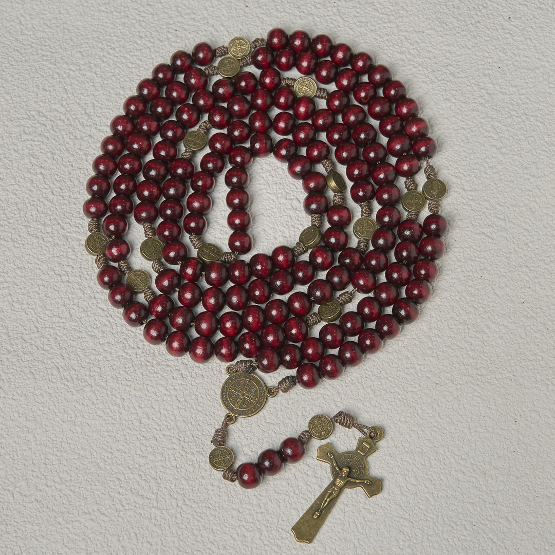 Christianartworkshop 15/20 Decade Olive Wood Rosary with St. Benedict, Crucifix & Waist Chain Design—Divine Devotion in Dual Use - 15 Decade - Wine - image 8