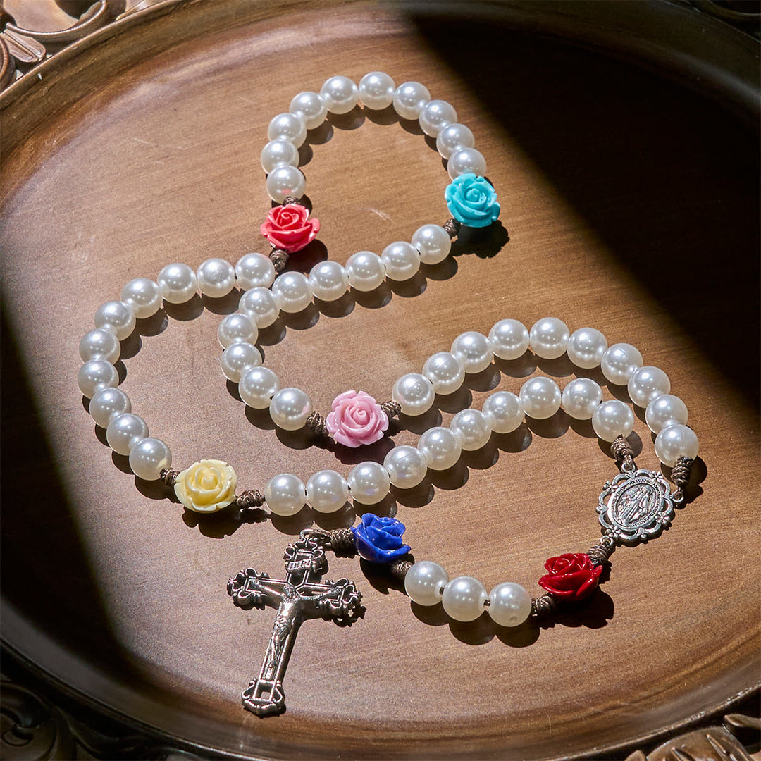 Christianartworkshop Elegant Pearl Rosary with Multicolor Rose Accents Reflecting Devotion and Faith - image 2