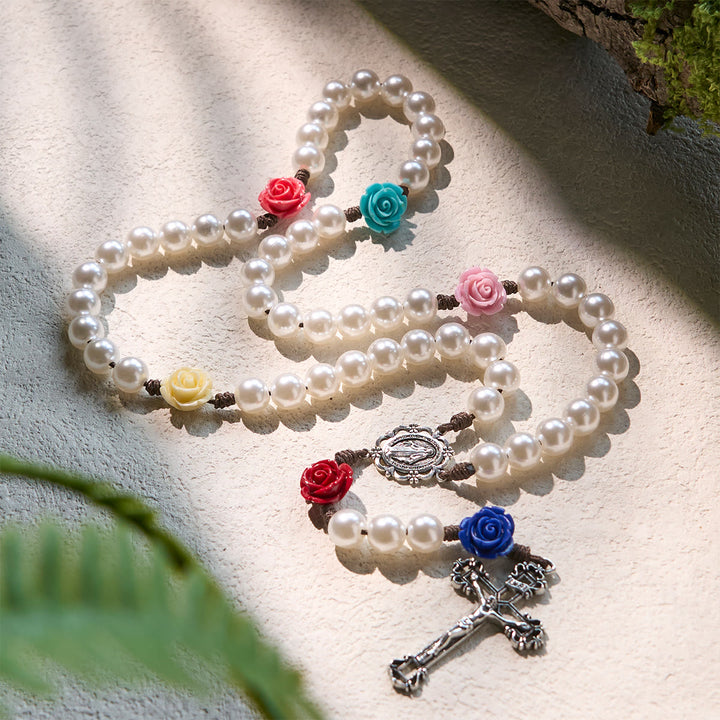 Christianartworkshop Elegant Pearl Rosary with Multicolor Rose Accents Reflecting Devotion and Faith - Miraculous Medal & Crucifix - image 1