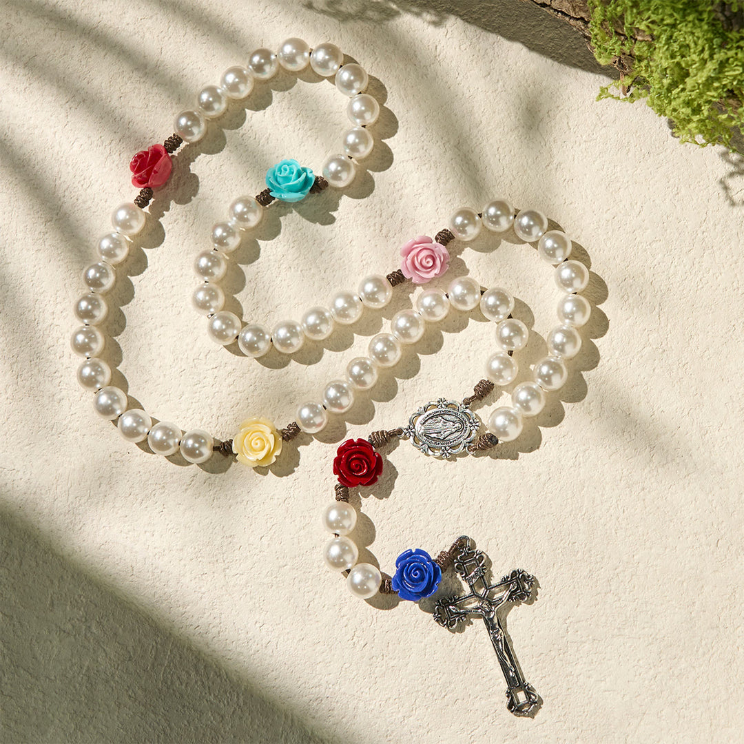 Christianartworkshop Elegant Pearl Rosary with Multicolor Rose Accents Reflecting Devotion and Faith - image 3