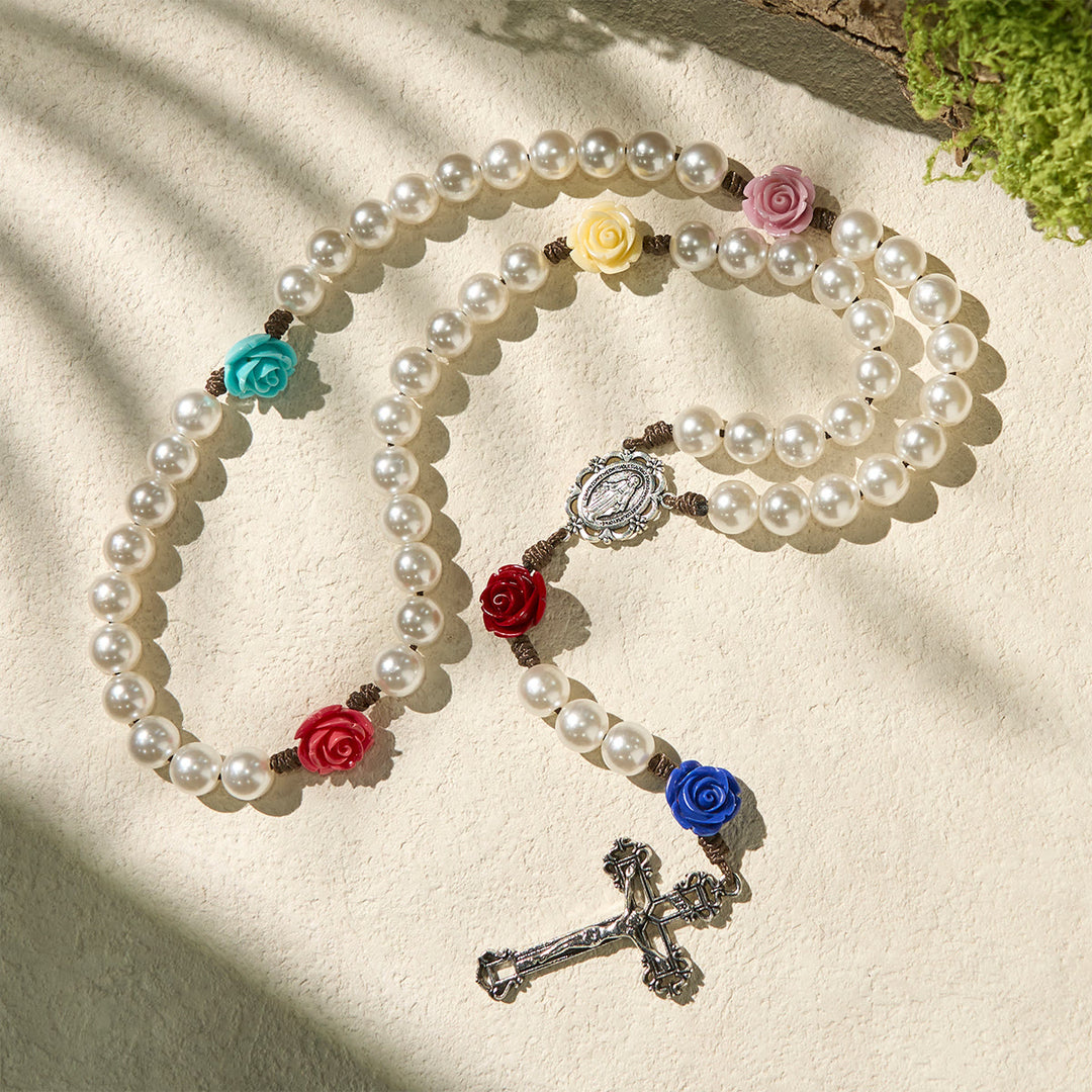 Christianartworkshop Elegant Pearl Rosary with Multicolor Rose Accents Reflecting Devotion and Faith - image 4