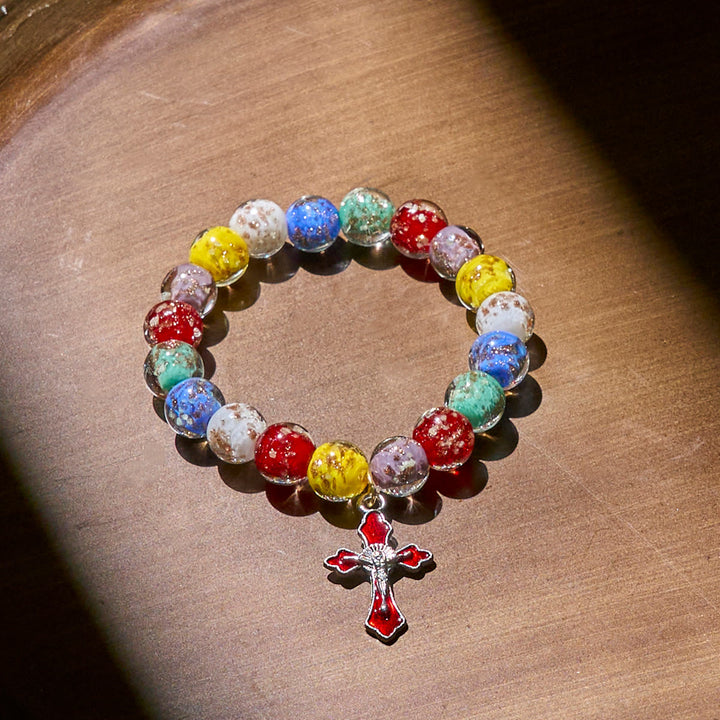 Christianartworkshop Colorful Glow-in-the-Dark Gold-Flecked Glass Bracelets with Crucifix - image 3