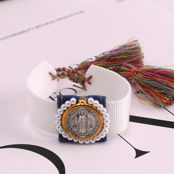 Christianartworkshop Protective St. Benedict Braided Bracelets with Colorful Woven Tassel Style - White - image 3