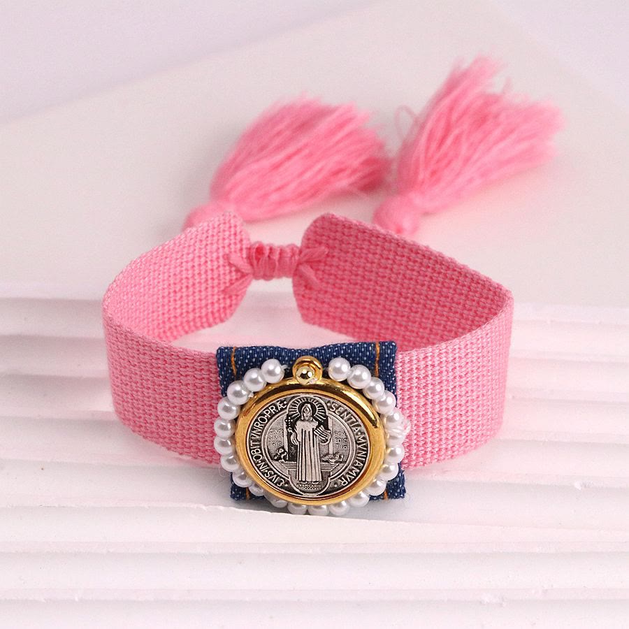 Christianartworkshop Protective St. Benedict Braided Bracelets with Colorful Woven Tassel Style - Pink - image 4