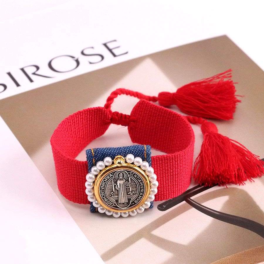Christianartworkshop Protective St. Benedict Braided Bracelets with Colorful Woven Tassel Style - Red - image 5