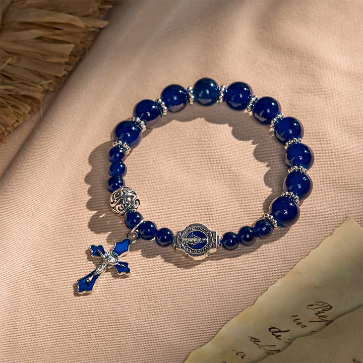 Christianartworkshop Elegant Deep Blue Beaded Bracelets with Crucifix and Miraculous Medal - Wrist Circumference: 6.10''-7.28''/15.5-18.5cm - image 0