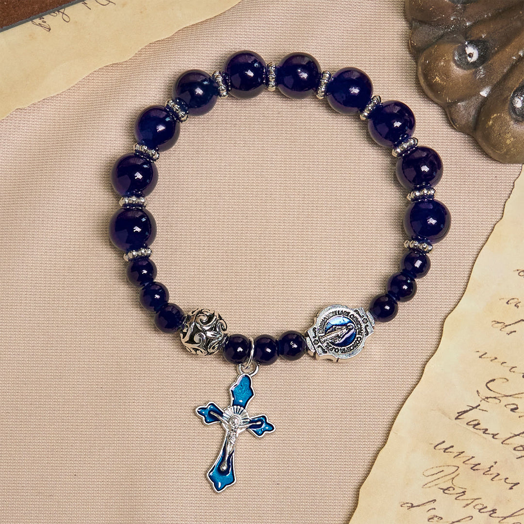 Christianartworkshop Elegant Deep Blue Beaded Bracelets with Crucifix and Miraculous Medal - image 3