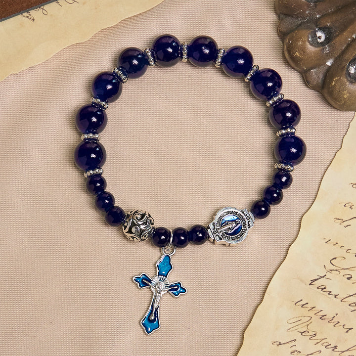 Christianartworkshop Elegant Deep Blue Beaded Bracelets with Crucifix and Miraculous Medal - image 3