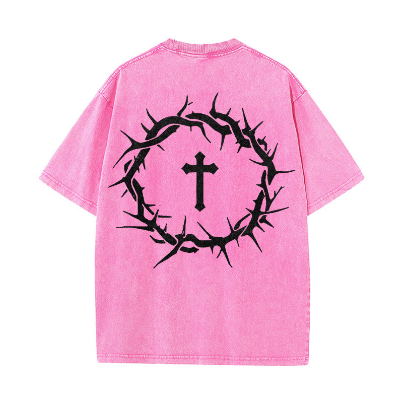 Christianartworkshop Faith Over Fear Thorn Cross Unisex Washed T-Shirt - Pink - 5XL - image 19