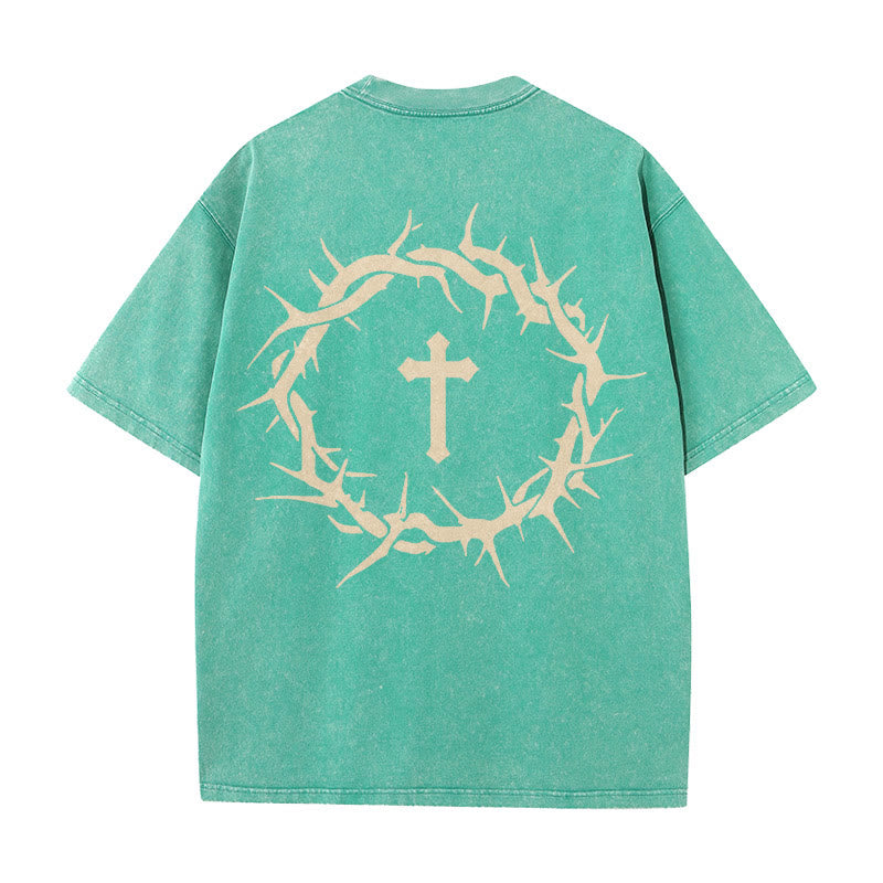 Christianartworkshop Faith Over Fear Thorn Cross Unisex Washed T-Shirt - Green - 5XL - image 17