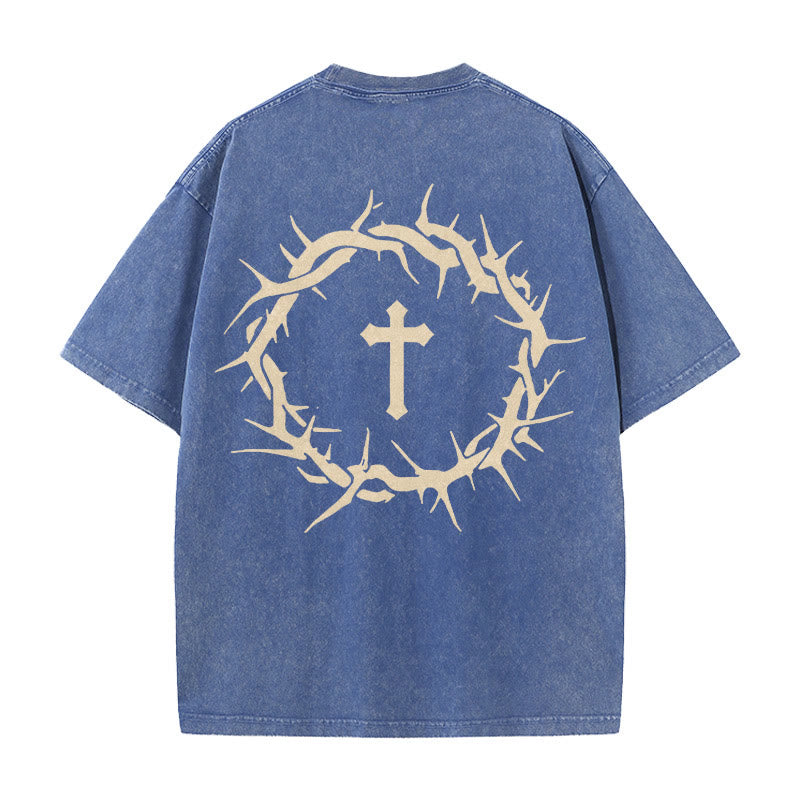 Christianartworkshop Faith Over Fear Thorn Cross Unisex Washed T-Shirt - Blue - 5XL - image 11
