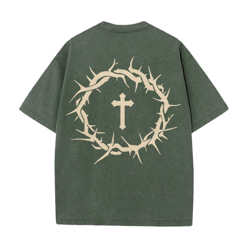 Christianartworkshop Faith Over Fear Thorn Cross Unisex Washed T-Shirt - Army Green - 5XL - image 9