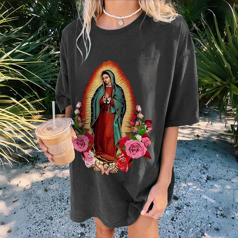 Christianartworkshop Vintage Our Lady of Guadalupe Floral Faith Unisex Washed T-Shirt - image 1