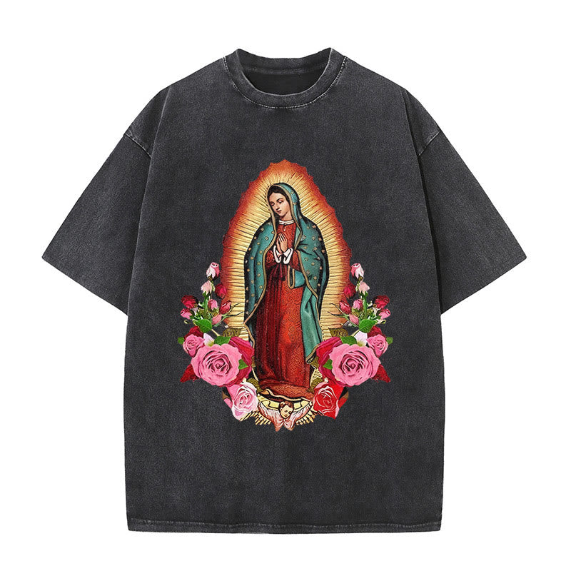 Christianartworkshop Vintage Our Lady of Guadalupe Floral Faith Unisex Washed T-Shirt - Black - 5XL - image 0