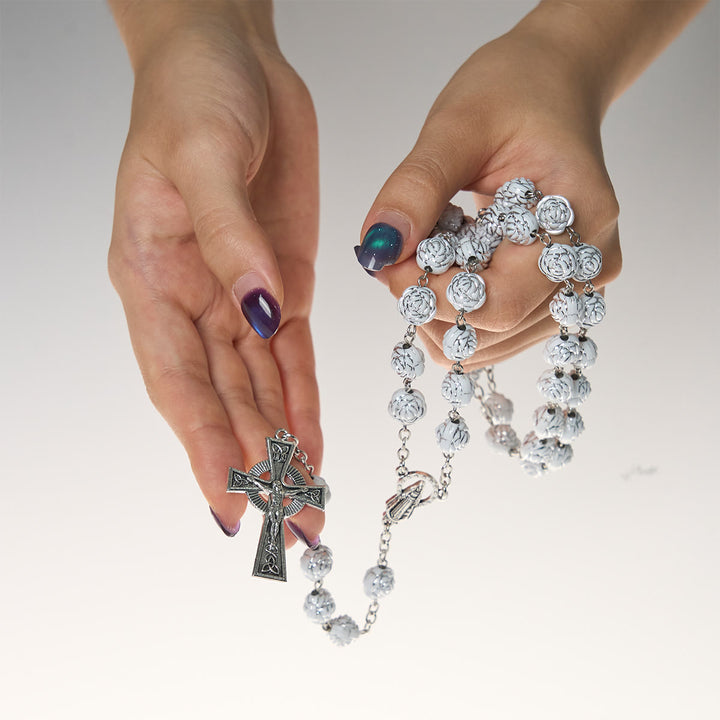 Christianartworkshop Delicate White Rose Devotional Beads Rosary and Bracelets with Virgin Mary - image 5