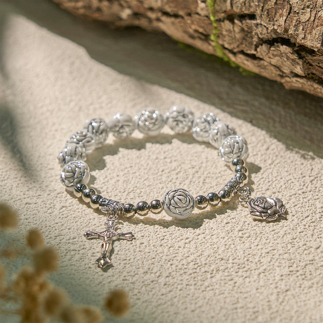 Christianartworkshop Delicate White Rose Devotional Beads Rosary and Bracelets with Virgin Mary - Bracelet - image 9
