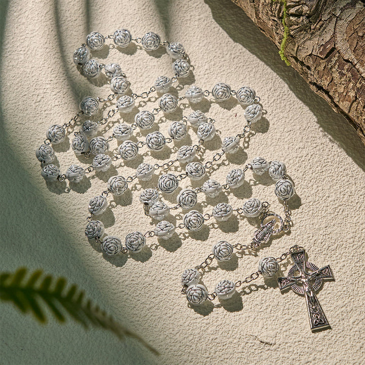 Christianartworkshop Delicate White Rose Devotional Beads Rosary and Bracelets with Virgin Mary - Rosary - image 0
