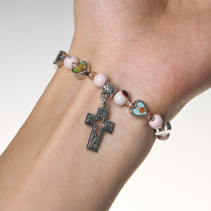 Christianartworkshop Colorful Glass & Ceramic Bead Bracelets with Cross and Saints Heart Charms - image 5