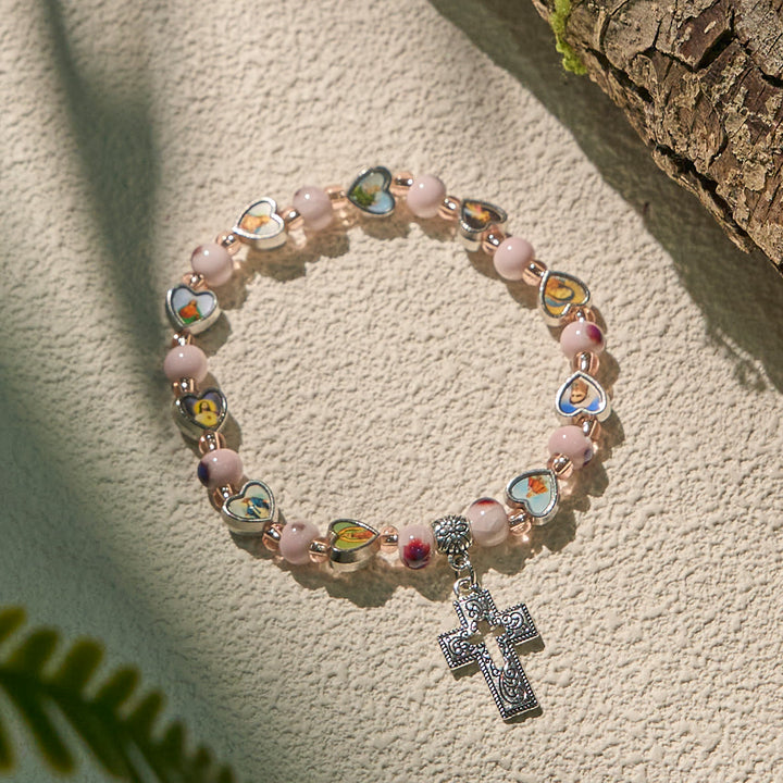 Christianartworkshop Colorful Glass & Ceramic Bead Bracelets with Cross and Saints Heart Charms - image 6