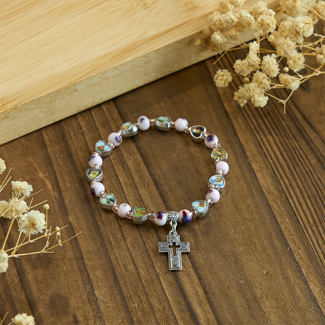 Christianartworkshop Colorful Glass & Ceramic Bead Bracelets with Cross and Saints Heart Charms - image 7