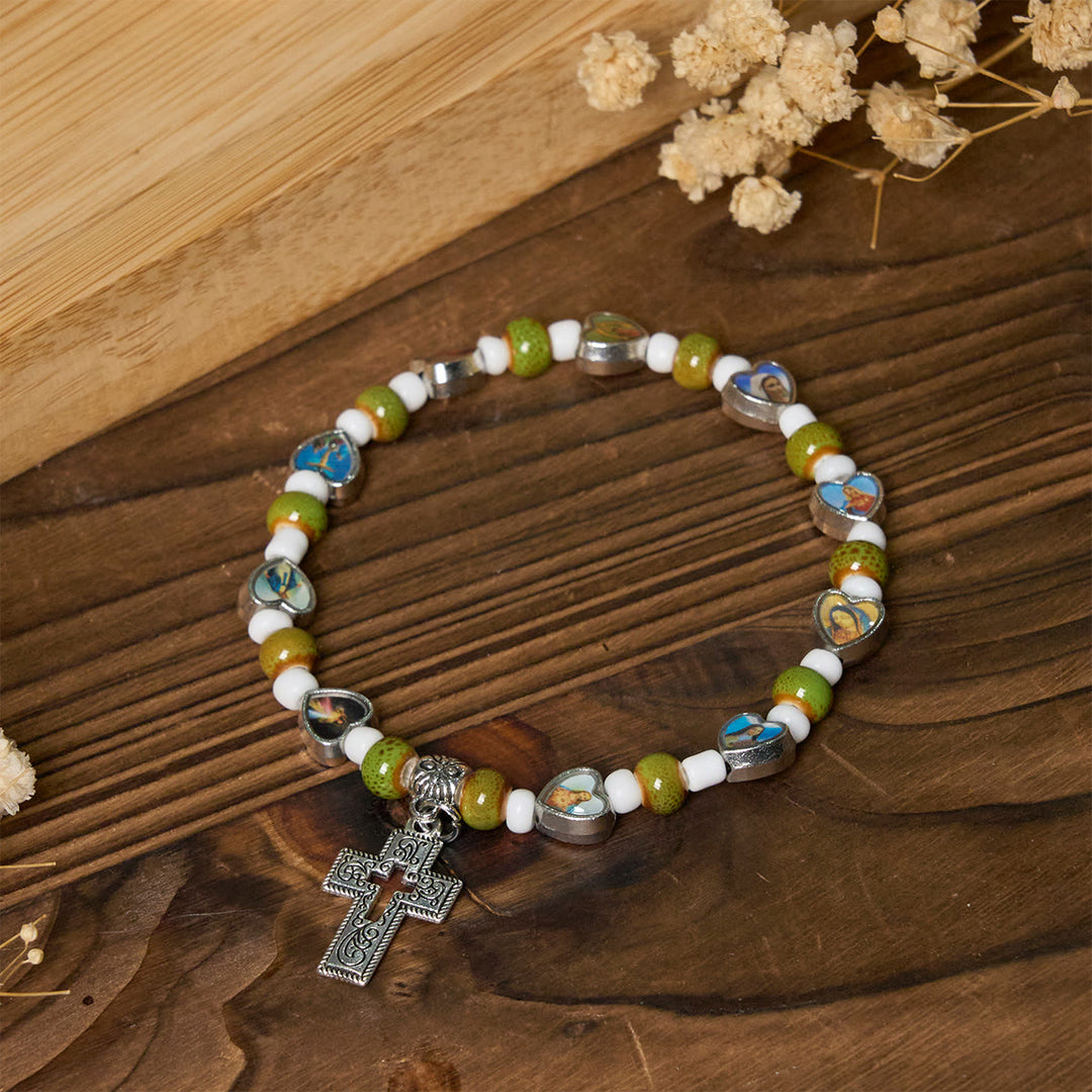 Christianartworkshop Colorful Glass & Ceramic Bead Bracelets with Cross and Saints Heart Charms - image 3