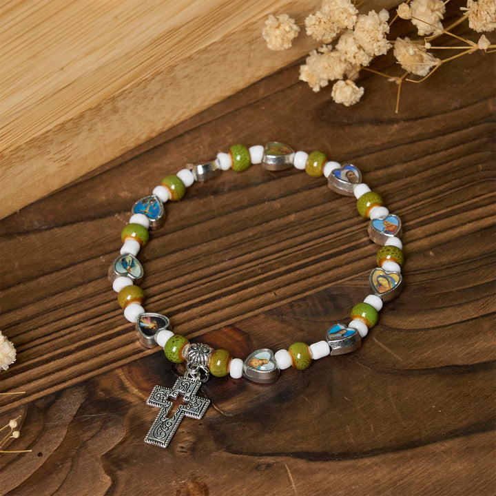 Christianartworkshop Colorful Glass & Ceramic Bead Bracelets with Cross and Saints Heart Charms - image 3