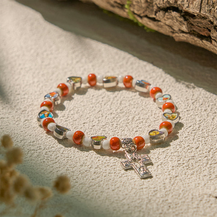 Christianartworkshop Colorful Glass & Ceramic Bead Bracelets with Cross and Saints Heart Charms - Orange - image 13