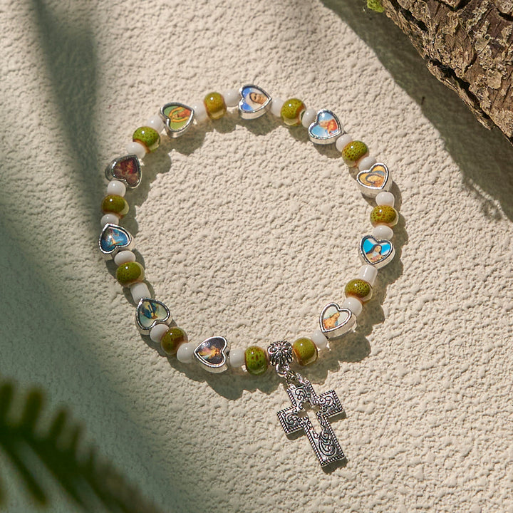 Christianartworkshop Colorful Glass & Ceramic Bead Bracelets with Cross and Saints Heart Charms - image 3