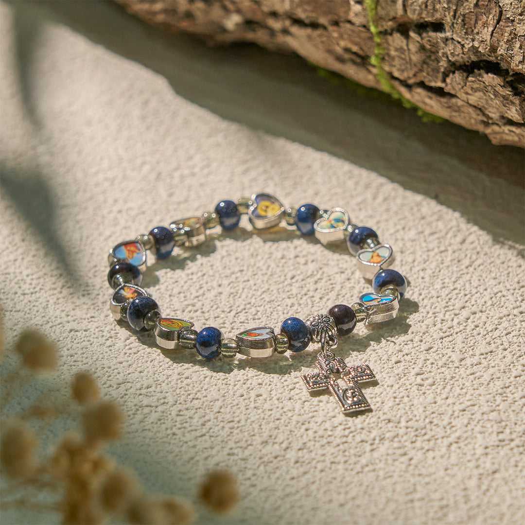Christianartworkshop Colorful Glass & Ceramic Bead Bracelets with Cross and Saints Heart Charms - Blue - image 8