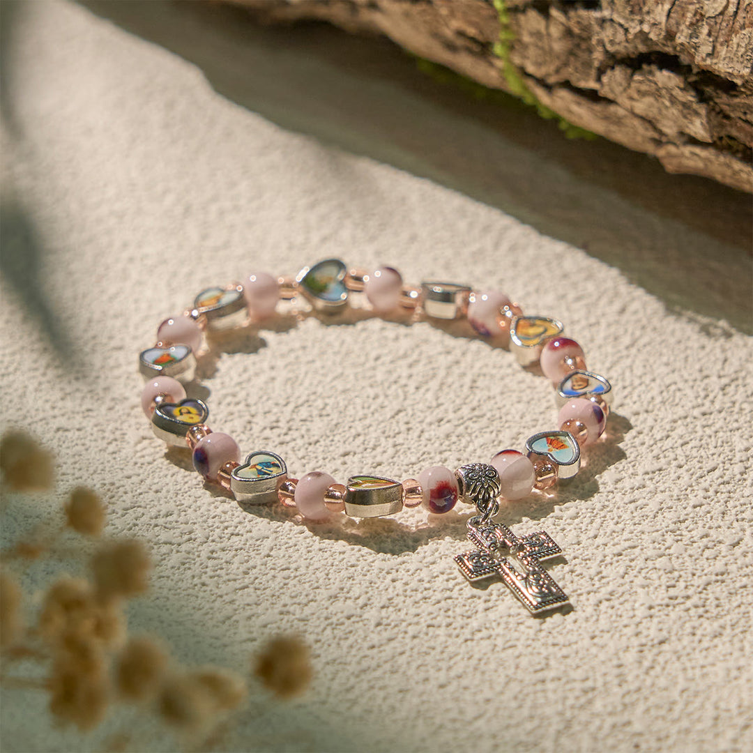 Christianartworkshop Colorful Glass & Ceramic Bead Bracelets with Cross and Saints Heart Charms - Pink - image 4