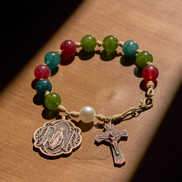 Christianartworkshop 10mm Natural Tourmaline Agate Bracelets with Miraculous Medal & Crucifix - image 2