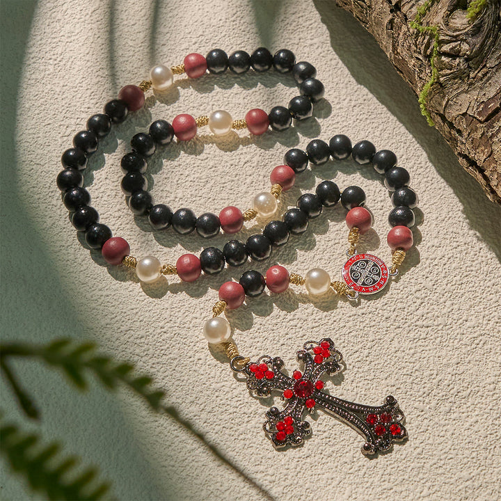 Christianartworkshop Devotional Black and Red Rosary with St. Benedict Blessing and Red Ornate Cross - image 2