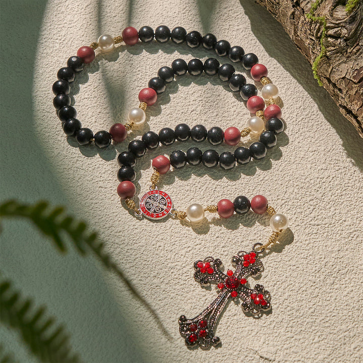Christianartworkshop Devotional Black and Red Rosary with St. Benedict Blessing and Red Ornate Cross - image 3