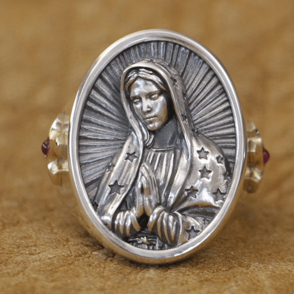 Christianartworkshop Virgin Mary Oval Ring in 925 Silver Divine Protection and Prayer - AU Size Z+2（US 15） - image 0