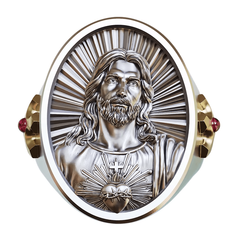 Christianartworkshop Sacred Heart Jesus Ring in 925 Silver: Symbol of Love and Sacrifice - AU Size Z+2（US 15） - image 0