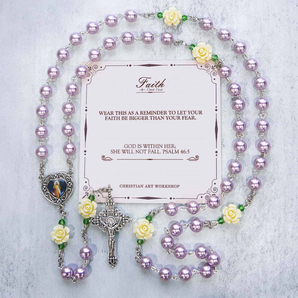 Christianartworkshop PRAYERFUL FAITH: Handmade Purple Pearl & Flower Divine Mercy Rosary with Gift Card - FAITH OVER FEAR - image 1