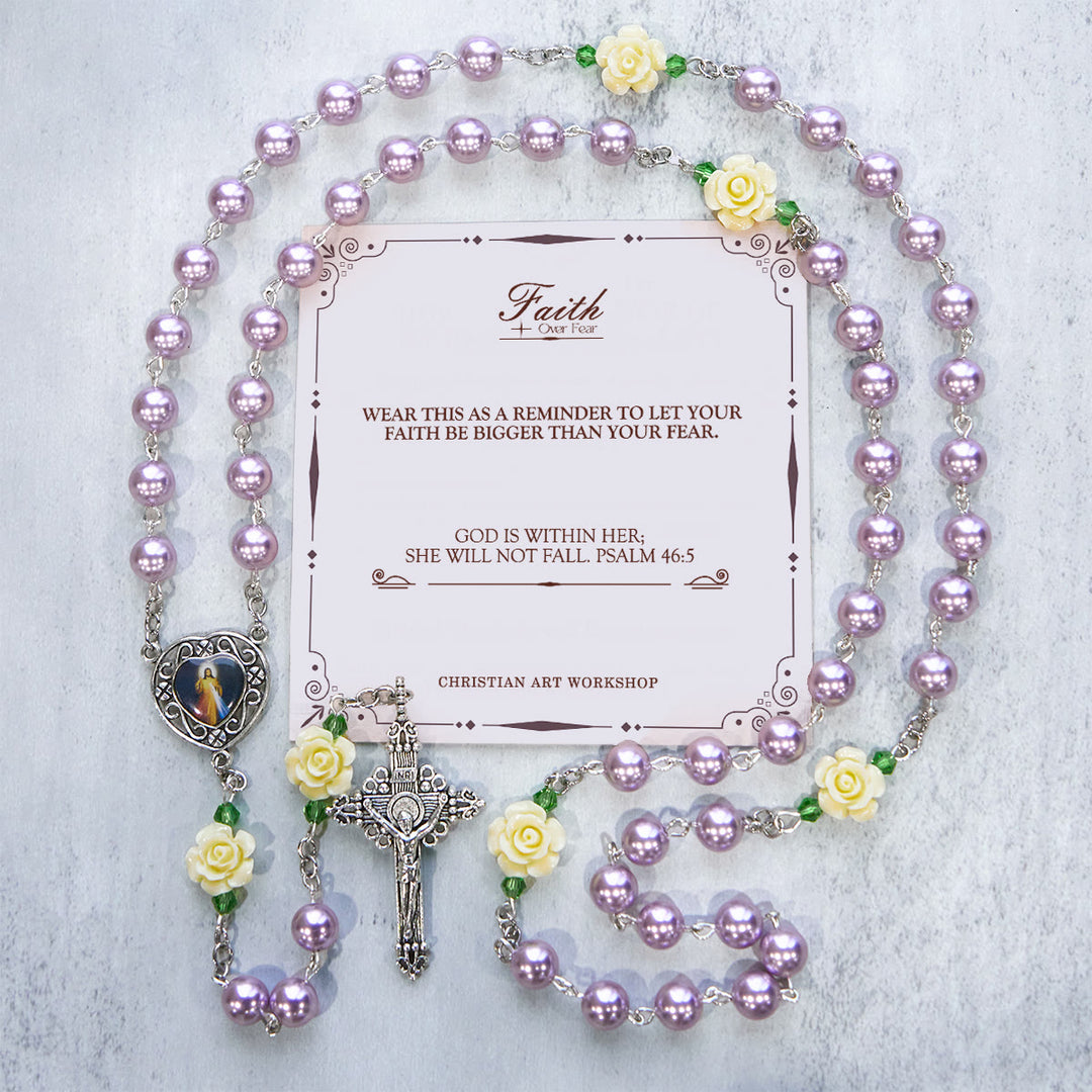 Christianartworkshop PRAYERFUL FAITH: Handmade Purple Pearl & Flower Divine Mercy Rosary with Gift Card - FAITH OVER FEAR - image 1