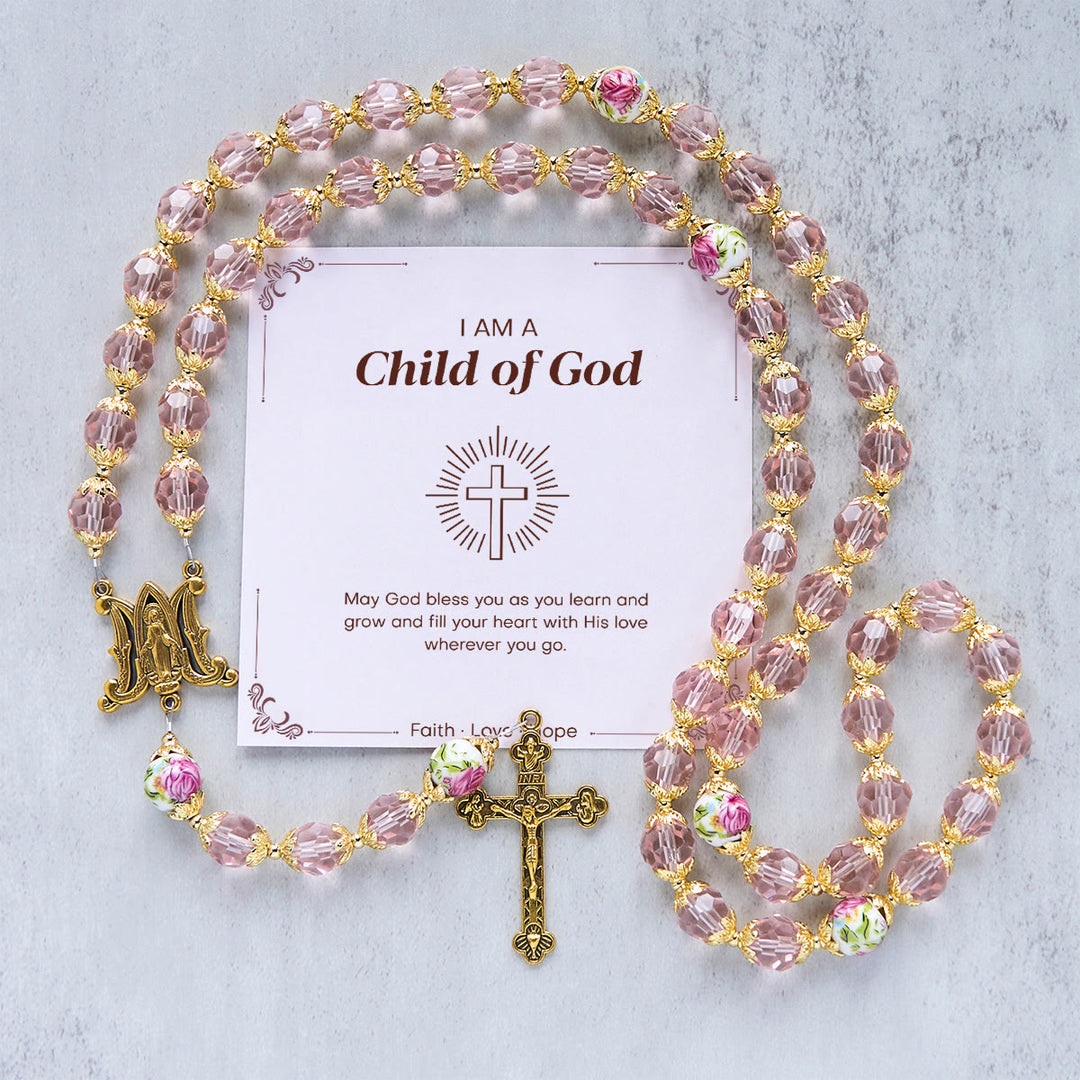 Christianartworkshop Jesus Is The Gift: Pink Crystal Beads Crucifix & Virgin Mary Rosary with Gift Card - Child of God - image 1