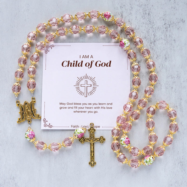 Christianartworkshop Jesus Is The Gift: Pink Crystal Beads Crucifix & Virgin Mary Rosary with Gift Card - Child of God - image 1