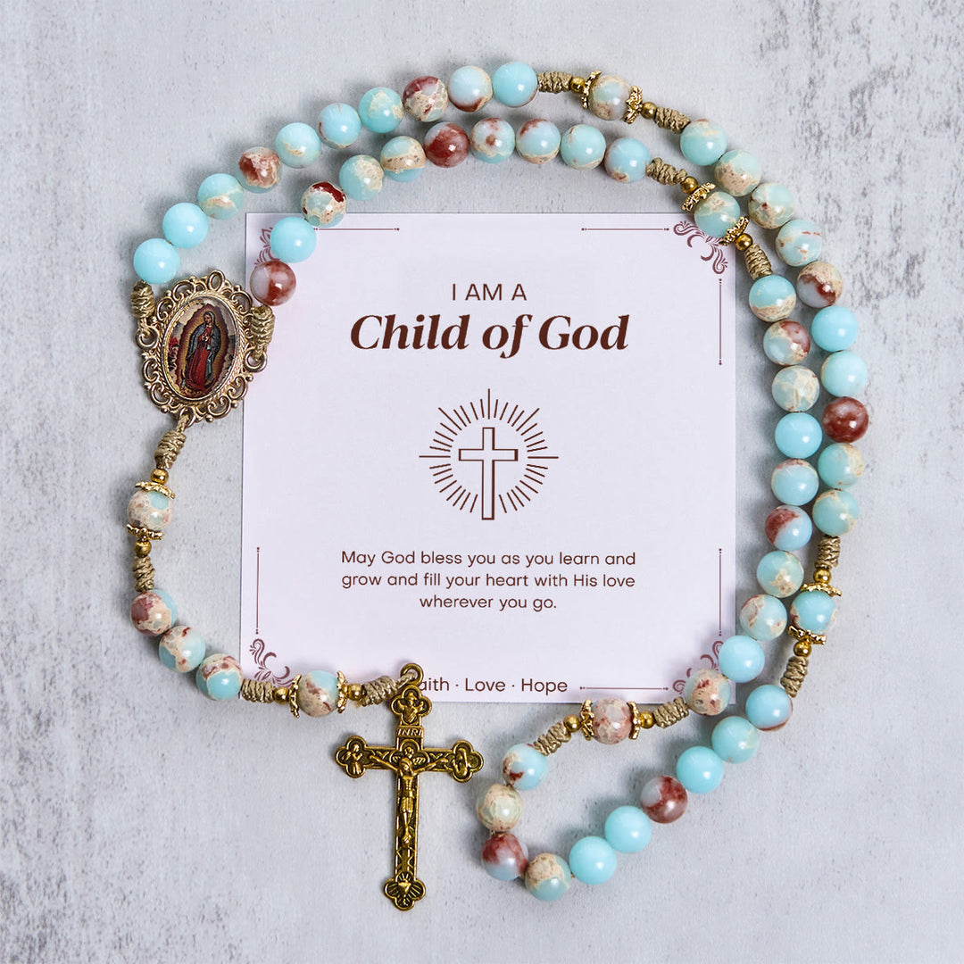 Christianartworkshop PRAYERFUL FAITH: Handmade Aqua Stone Prayer Rosary with Gift Card - Child of God - image 1