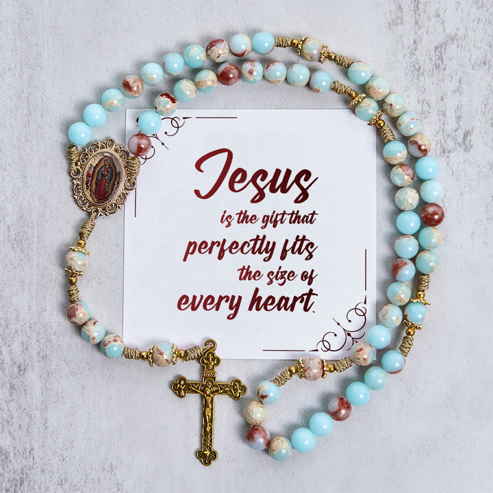 Christianartworkshop PRAYERFUL FAITH: Handmade Aqua Stone Prayer Rosary with Gift Card - Jesus is the Gift - image 0