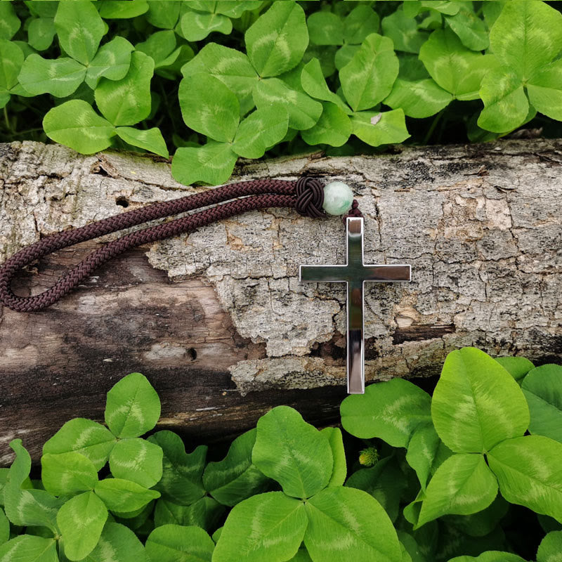 Christianartworkshop Minimalist Tri-color Cross Car Pendant: Spiritual Safety on the Road - Silver Cross - Brown Cord - image 0