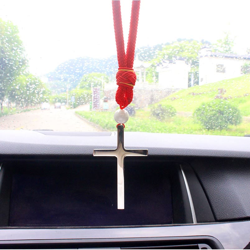Christianartworkshop Minimalist Tri-color Cross Car Pendant: Spiritual Safety on the Road - Silver Cross - Red Cord - image 1