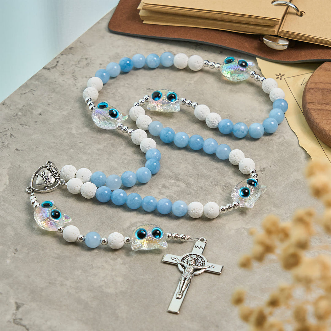 Christianartworkshop Aquamarine & White Lava Stone with Glass Cat Rosary: Memorial Your Pet, Pray for Love - Cat Rosary - image 0