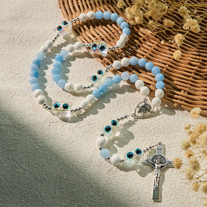 Christianartworkshop Glass Cat Blessing with Aquamarine & White Lava Stone Memorial Animal Rosary - image 3