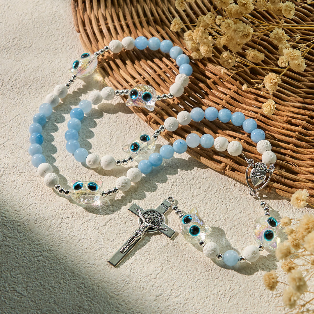 Christianartworkshop Glass Cat Blessing with Aquamarine & White Lava Stone Memorial Animal Rosary - image 3