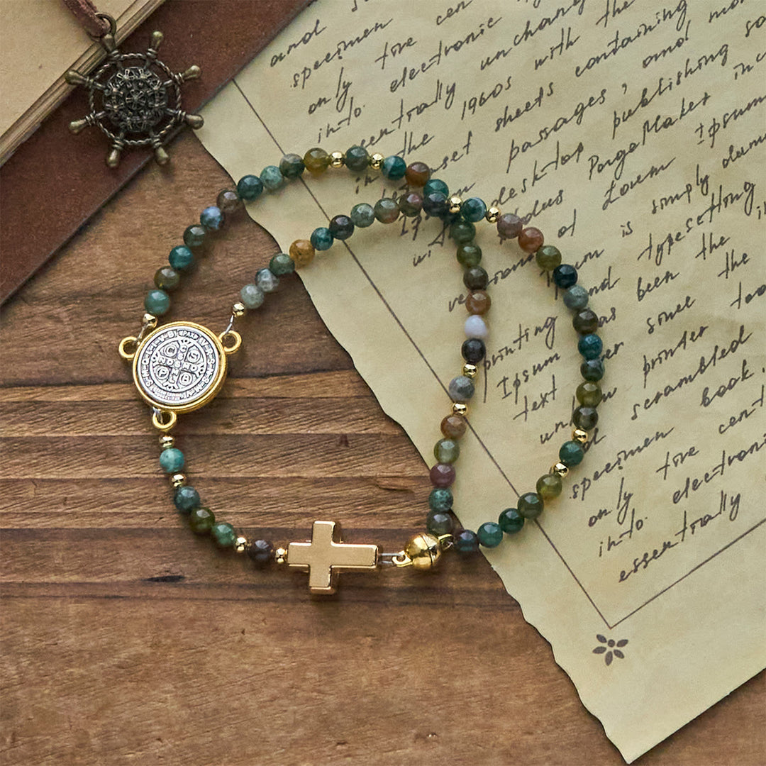 Christianartworkshop Handmade Earth Tone Rosary Bracelets with Cross & St. Benedict Charm - St. Benedict & Cross - image 0
