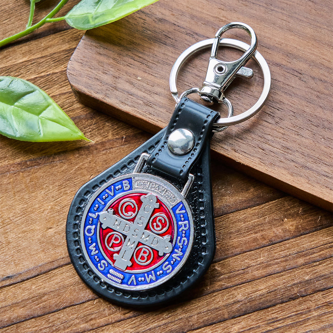 Christianartworkshop PU Leather Saint Benedict Cross Keychain for Daily Spiritual Protection - St. Benedict - image 0