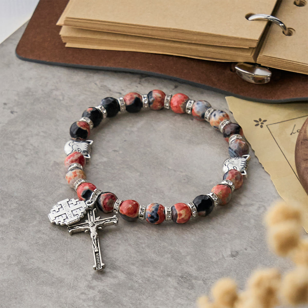 Christianartworkshop Unique Memorial Marbling Agate Beads with Calico Cat Pray Bracelet, Animal Rosary - image 12