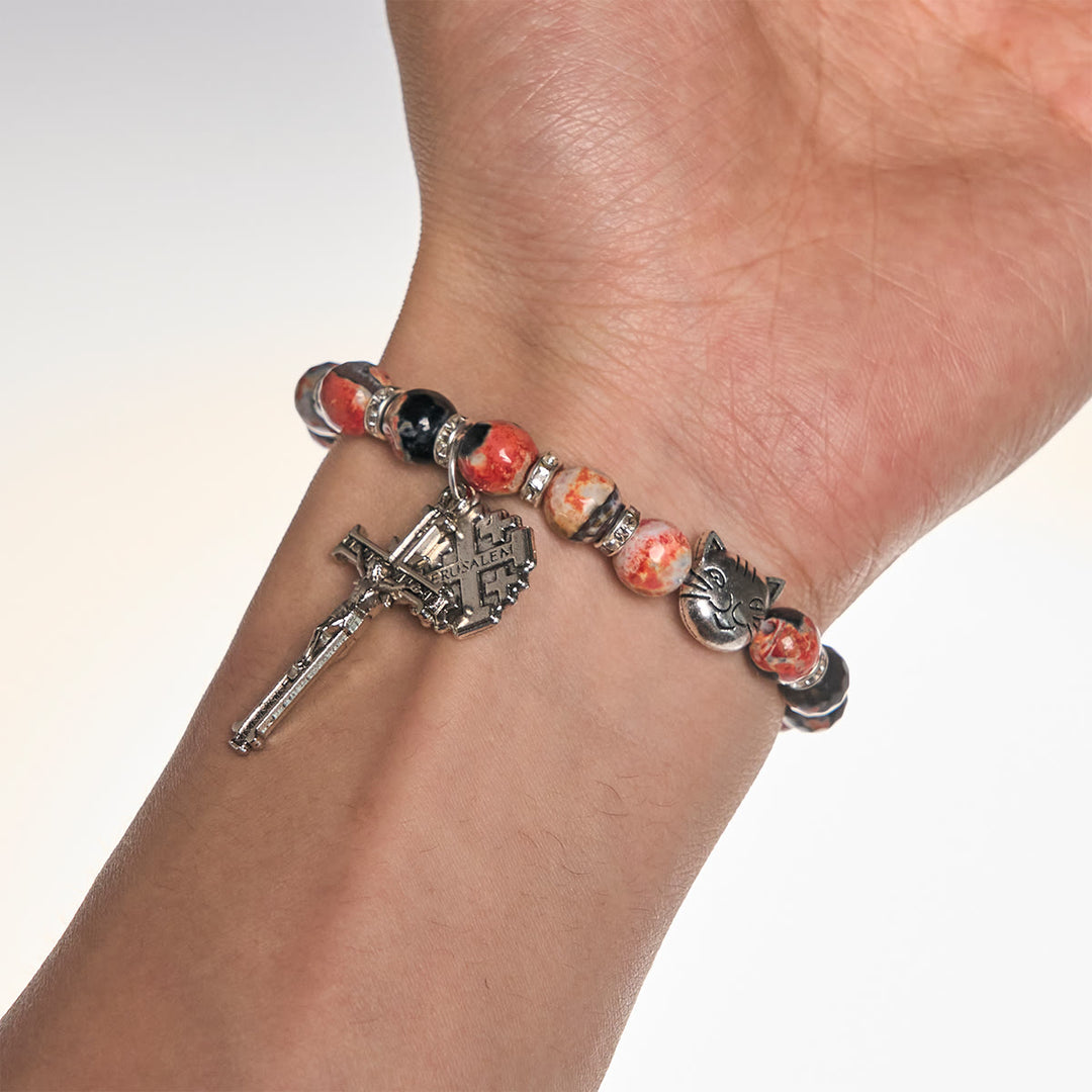 Christianartworkshop Unique Memorial Marbling Agate Beads with Calico Cat Pray Bracelet, Animal Rosary - image 2